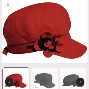 BETMAR RED WOOL ADJUSTABLE CAP BERET WITH FLOWER NWT